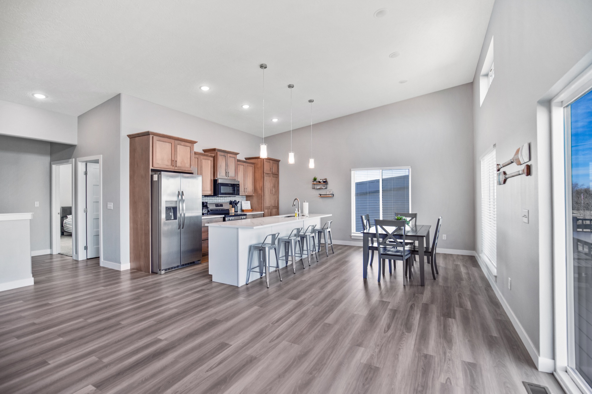 Open great room, kitchen and dining
